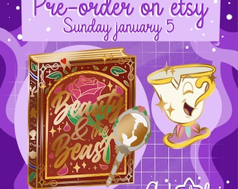 May include: Gold-tone enamel pins featuring characters from the Disney movie Beauty and the Beast. The pins depict a book with the title "Beauty and the Beast", a mirror with Belle and the Beast, and a smiling teacup.