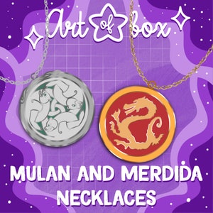 May include: Two silver and gold necklaces with round pendants. The silver pendant features a green and white design of three bears. The gold pendant features a red dragon design. The text "MULAN AND MERDIDA NECKLACES" is below the pendants.