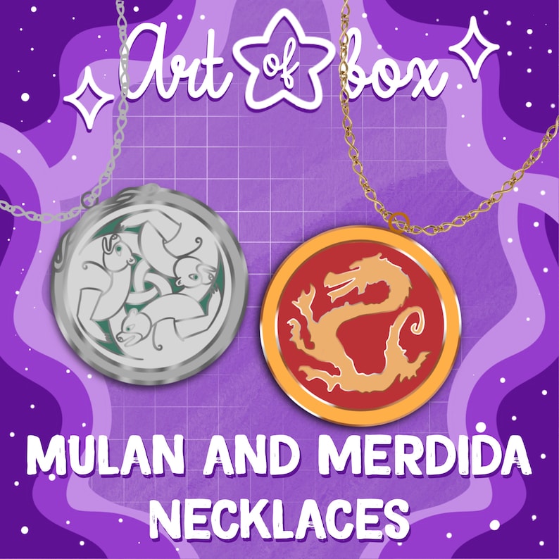 May include: Two silver and gold necklaces with round pendants. The silver pendant features a green and white design of three bears. The gold pendant features a red dragon design. The text "MULAN AND MERDIDA NECKLACES" is below the pendants.