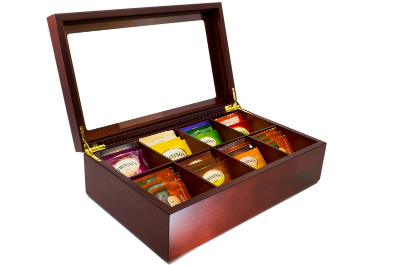 8 Compartment Wooden Tea Box with Glass Lid Etsy
