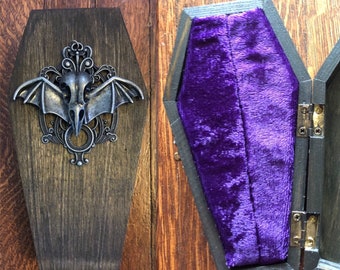 Vintage Inspired Coffin Ring Jewelry Box Victorian Gothic Bat Skull Wedding Proposal Wooden Holder