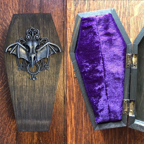 Vintage Inspired Coffin Ring Jewelry Box Victorian Gothic Bat Skull Wedding Proposal Wooden Holder