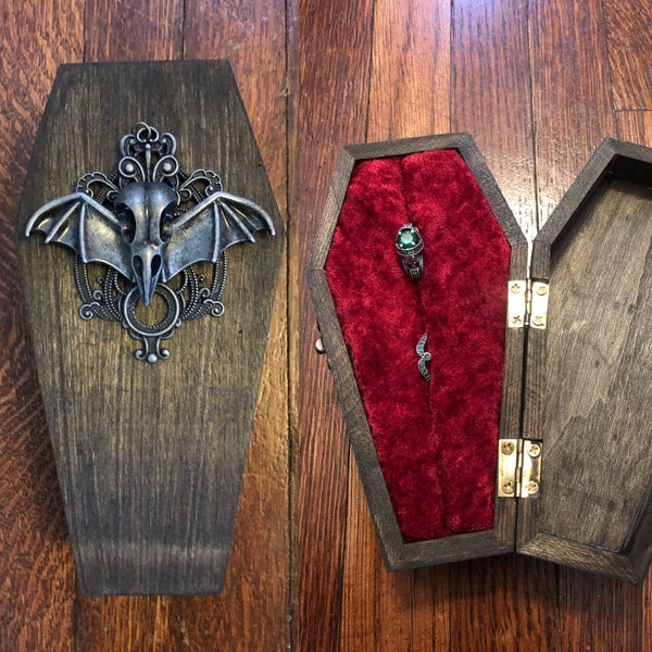 Vintage Inspired Coffin Ring Jewelry Box Victorian Gothic Bat Skull Wedding Proposal Wooden Holder