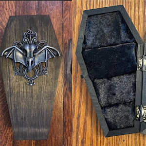 Vintage Inspired Coffin Ring Jewelry Box Victorian Gothic Bat Skull Wedding Proposal Wooden Holder