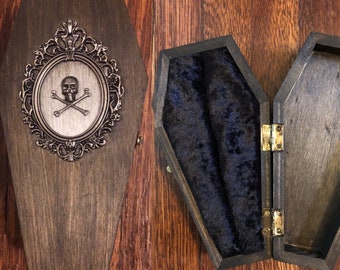 Boîte à bijoux en forme de cercueil d'inspiration vintage, boîte à bijoux avec tête de mort gothique victorien, support en bois pour demande de mariage