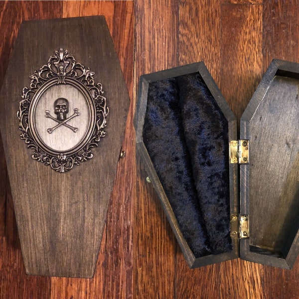 Vintage Inspired Coffin Ring Jewelry Box Victorian Gothic Skull Wedding Proposal Wooden Holder