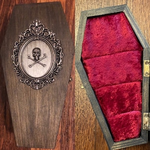 Vintage Inspired Coffin Ring Jewelry Box Victorian Gothic Skull Wedding Proposal Wooden Holder