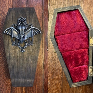 Vintage Inspired Coffin Ring Jewelry Box Victorian Gothic Bat Skull Wedding Proposal Wooden Holder