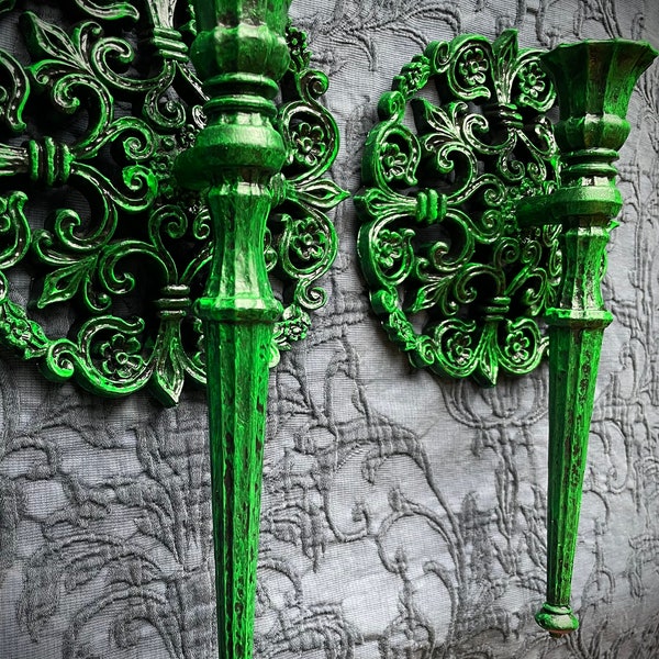 Vintage Homco Syroco ljusstakar: Gröna gotiska vägglampetter, par