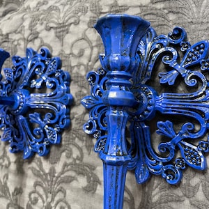 Vintage Blue Syroco Candle Holders: Gothic Wall Sconce Pair