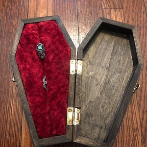 Vintage Inspired Coffin Ring Jewelry Box Victorian Gothic Skull Wedding Proposal Wooden Holder image 2