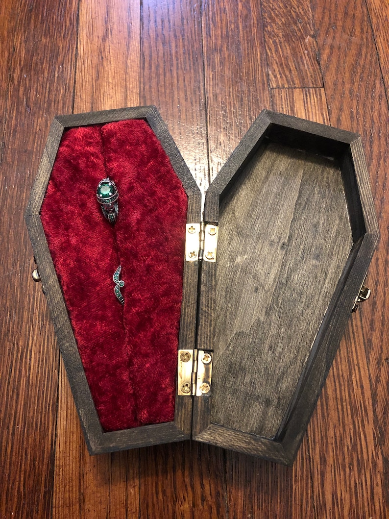 Vintage Inspired Coffin Ring Jewelry Box Victorian Gothic Skull Wedding Proposal Wooden Holder image 2