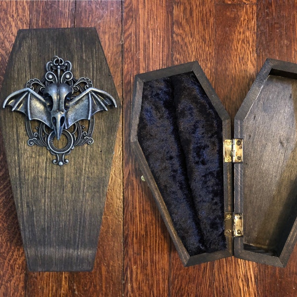 Vintage Inspired Coffin Ring Jewelry Box Victorian Gothic Bat Skull Wedding Proposal Wooden Holder