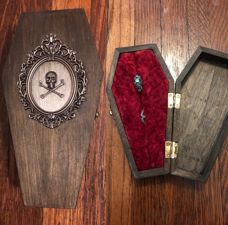 Vintage Inspired Coffin Ring Jewelry Box Victorian Gothic Skull Wedding Proposal Wooden Holder image 1