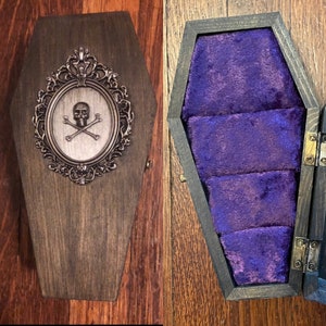 Vintage Inspired Coffin Ring Jewelry Box Victorian Gothic Skull Wedding Proposal Wooden Holder