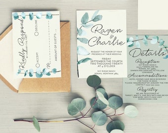 Modèle d’invitation de mariage de verdure d’Eucalyptus, invitations imprimables de mariage, suite d’invitation, ensemble imprimable d’invitation de mariage