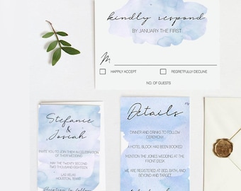 Simple baby blue watercolor wedding invitation template, printable wedding invitations, invitation suite, printable wedding invite set