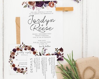 Fall plum and taupe floral wedding invitation template, printable wedding invitations, invitation suite, printable wedding invite set