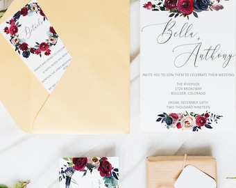 Burgundy and navy floral wedding invitation template, printable wedding invitations, invitation suite, printable wedding invite set