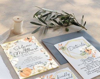 Fall autumn pumpkin gold floral wedding invitation template, printable wedding invitations, invitation suite, printable wedding invite set