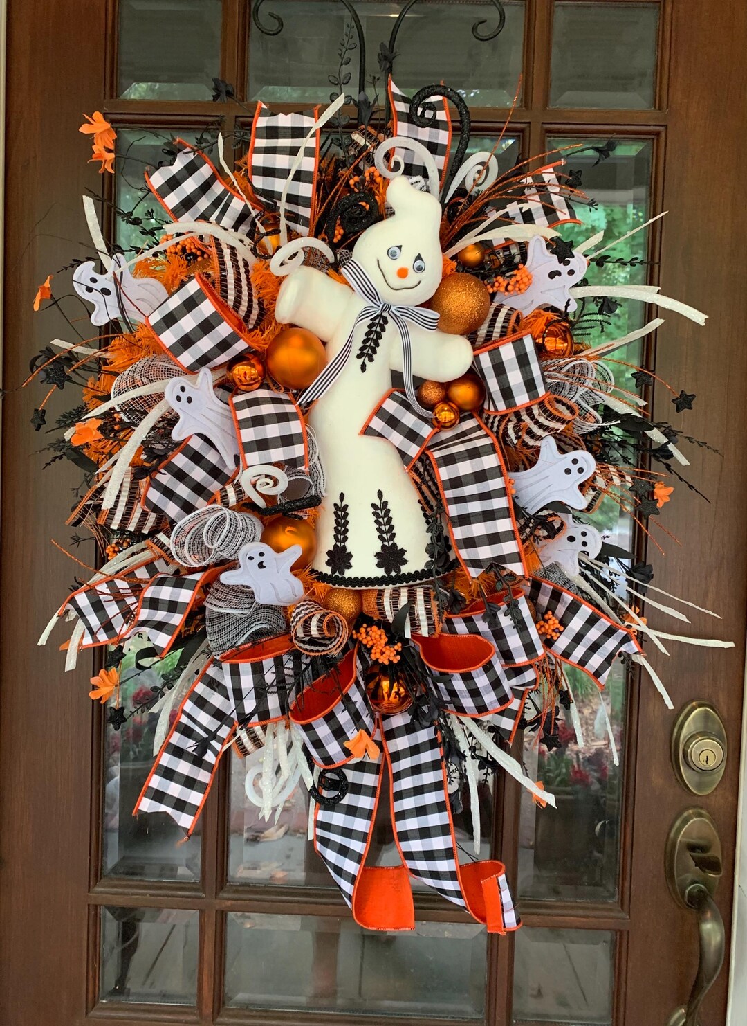 Handmade Halloween Ghost Wreath: Plaid Ribbons & Orange Accents - Etsy