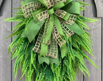 Fern Wreath with Burlap Bow: Farmhouse Front Door Decor