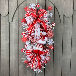 Christmas Peppermint Swag, Snowman Swag, Snowfkake Decor, Red And White Swag, Christmas Snowman, Holiday Swag, Seasonal, Whimsical Snowman