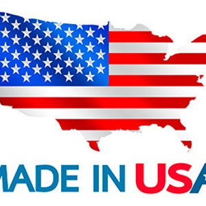 May include: A red, white, and blue American flag superimposed on an outline of the United States. The text "MADE IN USA" is below the flag in blue and red letters.