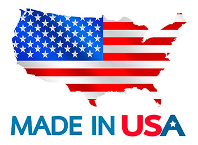 May include: A red, white, and blue American flag superimposed on an outline of the United States. The text "MADE IN USA" is below the flag in blue and red letters.