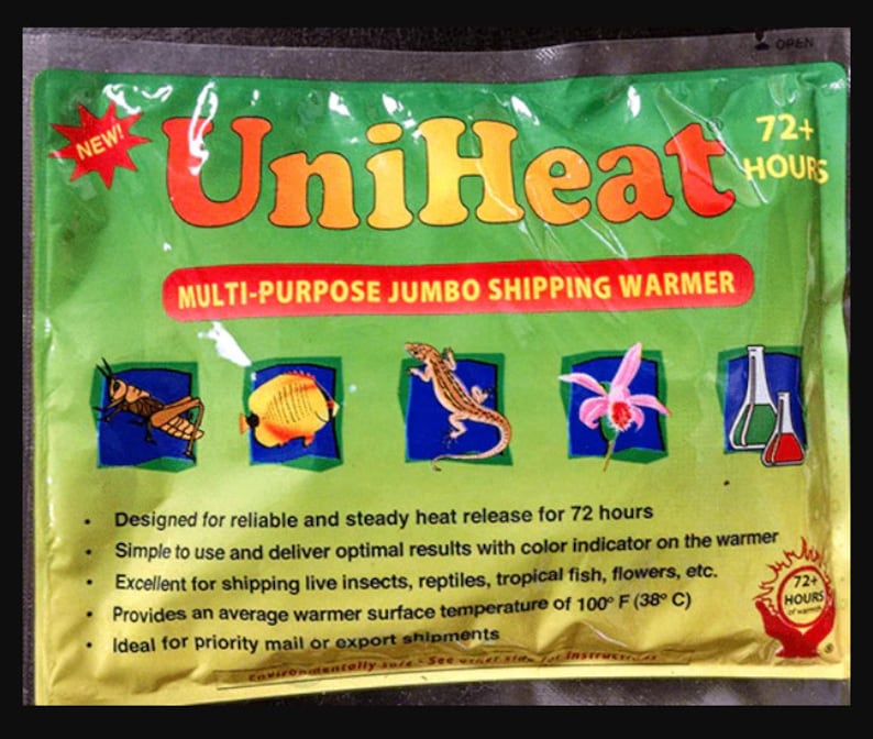 Pu&ograve; includere: Riscaldatore per spedizioni jumbo multi-uso UniHeat verde e giallo con un tempo di rilascio del calore di oltre 72 ore. Il riscaldatore &egrave; progettato per la spedizione di insetti vivi, rettili, pesci tropicali, fiori e altri articoli. Fornisce una temperatura superficiale media di 100&deg; F (38&deg; C).