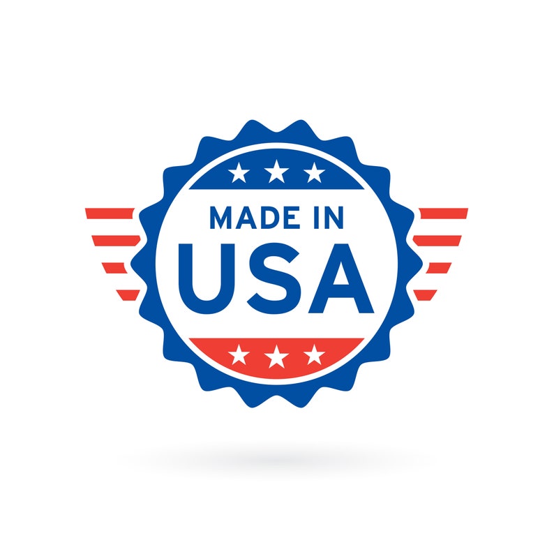 May include: A blue and red circular sticker with the text "Made in USA" and five white stars. The sticker has a white background and is surrounded by red and white stripes.