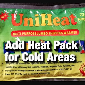 May include: Green and yellow heat pack with the text "UniHeat" and "Multi-Purpose Jumbo Shipping Warmer". The pack has a red star with the word "NEW!" on it. The text "Add Heat Pack for Cold Areas" is in large black letters. The pack has a color indicator and is designed to last for 72+ hours.
