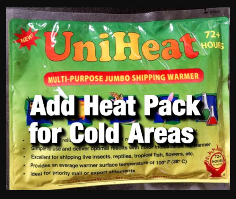 May include: Green and yellow heat pack with the text "UniHeat" and "Multi-Purpose Jumbo Shipping Warmer". The pack has a red star with the word "NEW!" on it. The text "Add Heat Pack for Cold Areas" is in large black letters. The pack has a color indicator and is designed to last for 72+ hours.