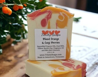 Blood Orange and Gogi Berries Homemade Goat Milk & Tallow Soap Bar, Organic Artisan Hand Made The Old Fashioned Way, Handmade Cold Process