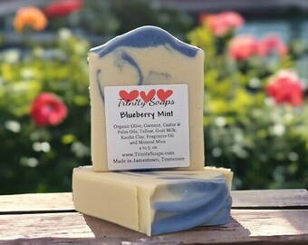 Blueberry Mint Goat Milk & Tallow Soap Bar, Organic Artisan Hand Made Soap The Old Fashioned Way, Handmade Cold Process, homemade