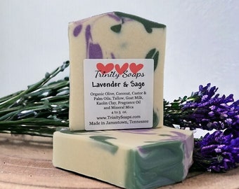 Lavender and Sage Goat Milk & Tallow Soap Bar, Homemade Organic Artisan Hand Made The Old Fashioned Way, Handmade Cold Process