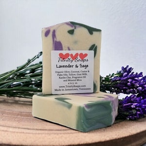 Lavender and Sage Goat Milk & Tallow Soap Bar, Homemade Organic Artisan Hand Made The Old Fashioned Way, Handmade Cold Process