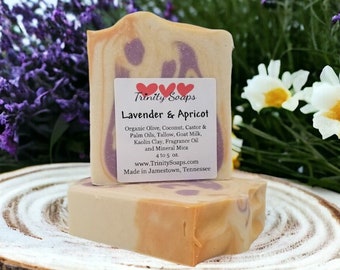 Lavender and Apricot Goat Milk & Tallow Soap Bar, Organic Artisan Hand Made The Old Fashioned Way, Handmade Cold Process, hand made
