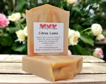 Citrus Linen Goat Milk & Tallow Soap Bar, Organic Artisan Hand Made The Old Fashioned Way, Handmade Cold Process, hand made, fresh scent