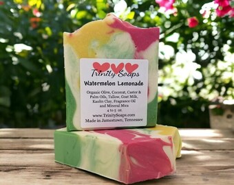 Watermelon Lemonade Goat Milk & Tallow Bar, Organic Artisan Hand Made The Old Fashioned Way, Handmade Cold Process, homemade, Fruit