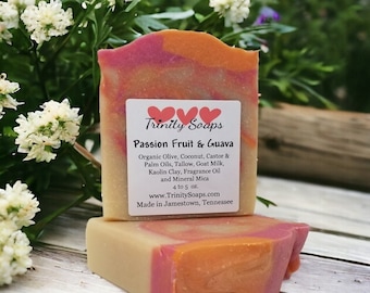 Passion Fruit Guava Goat Milk & Tallow Soap Bar, Homemade Organic Artisan Bath Bars, Hand Made The Old Fashioned Way, Handmade Cold Process