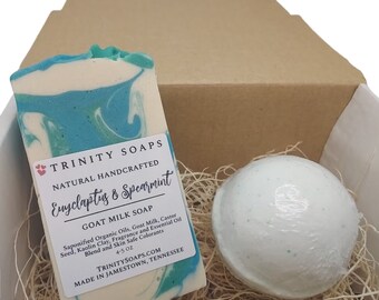 Bath Bombs Gift Set, Goat Milk soaps, Eucalyptus and Spearmint shea butter bathbomb, homemade gifts, box, Basket, Mothers Day, relax