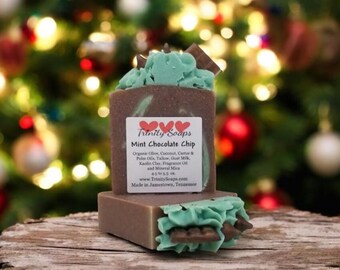 Mint Chocolate Chip: Tallow Soap With Goat Milk, Handmade Natural Bar, Infused With Organic Oils, Homemade Small Batch Cold Process Soaps