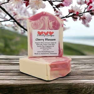 Cherry Blossom Goat Milk & Tallow Soap Bar, Homemade Organic Artisan Hand Made The Old Fashioned Way, Handmade Cold Process floral