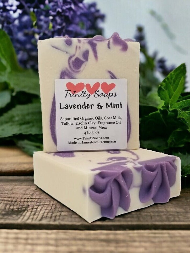 Lavender & Mint Goat Milk And Tallow Soap Bar, Homemade Organic Artisan Hand Made The Old Fashioned Way, Handmade Cold Process image 1