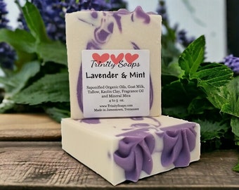 Lavender & Mint Goat Milk And Tallow Soap Bar, Homemade Organic Artisan Hand Made The Old Fashioned Way, Handmade Cold Process