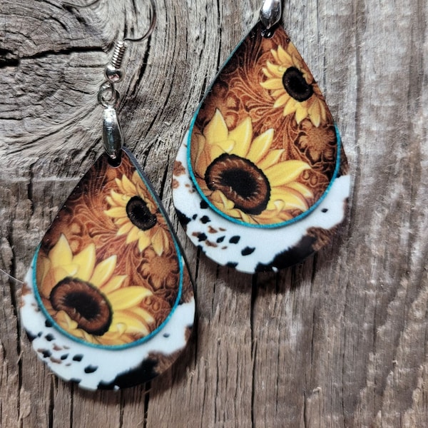 Sunflower Cowhide Teardrop Earrings, Rodeo Earrings, Rustic Earrings, Western, Leather, Cowgirl, Aztec, Southwestern, Sunflowers Earrings