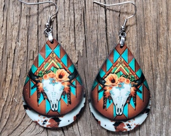 Steer Skull Teardrop Earrings, Rodeo Earrings, Rustic Earrings, Western Earrings, Turquoise, Western, Cowgirl, Cowhide, Aztec, Southwestern,
