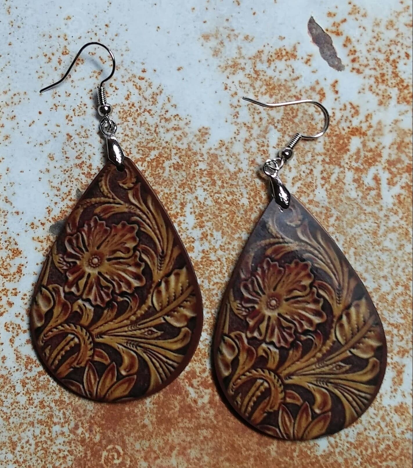 Earrings Teardrop Floral Leather Look Ranch Southwestern Etsy