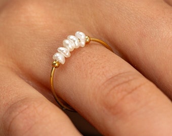 Dainty Gold Ring with Pearls, Gift For Her, Birthday Gift, Stacking Ring With freshwater pearls, Minimalist Ring